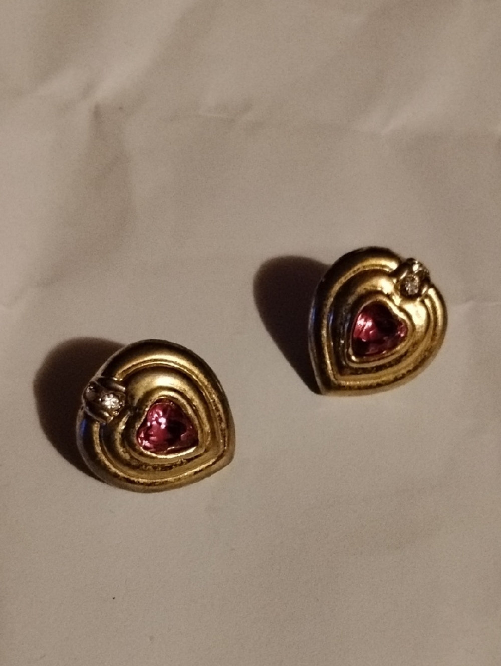 Vintage Gold Heart Earrings with Pink Stones
